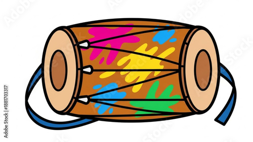 Colorful Cartoon Djembe Drum with Vibrant Paint Splatters on White Background