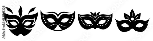 A set of four black venetian carnival masks with unique designs on white background