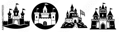 Collection of four medieval style castles with flags and towers