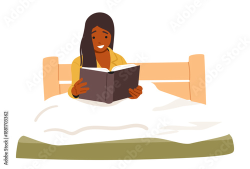 Young woman sitting in cozy bed with expression of pure joy and excitement while reading book
