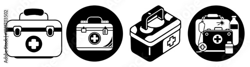 First aid kit icons set in various styles and designs on white background