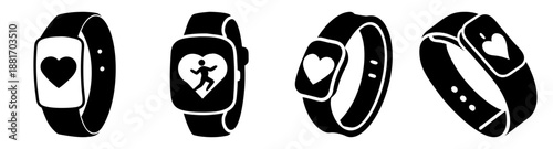 Black and white illustration of four smartwatches with heart designs on their faces