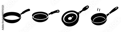 Frying Pans in Various States of Use on White Background, Black Silhouettes