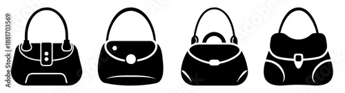 Four different black handbag silhouettes with unique designs and straps