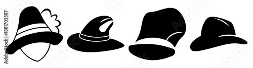 Collection of Black Hats Silhouettes on White Background, Fashion Accessories