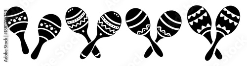 Maracas Instruments in Various Patterns, Latin Festival Theme, Black Silhouettes