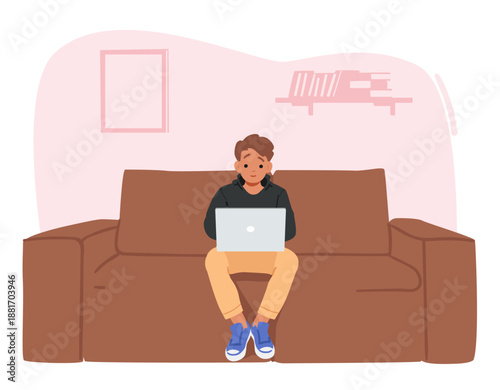 Preteen boy child cartoon character using laptop computer sitting alone on home sofa scene