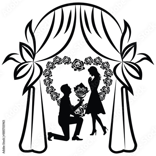 Romantic Wedding propose icon. Silhouette of man kneeling with rose bouquet wedding romantic proposing to woman icon. Vector illustration.
