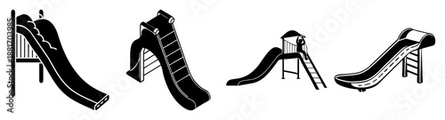 Black and white playground slides set, various designs, simple illustration style