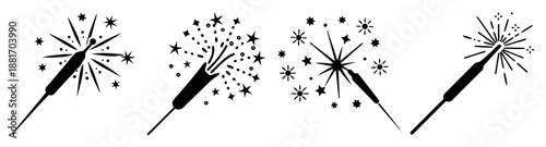 Three dandelion clock silhouettes releasing seeds on a white background