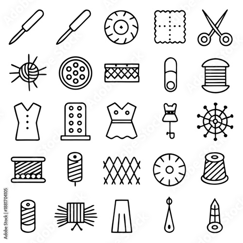 Sewing tools vector icon set - thread, needle, scissors, and more