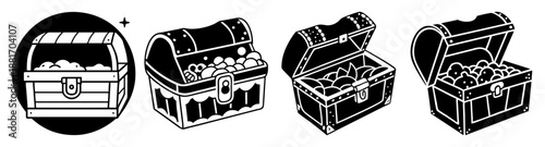 Treasure Chest Illustrations with Gold Coins and Jewels in Various States