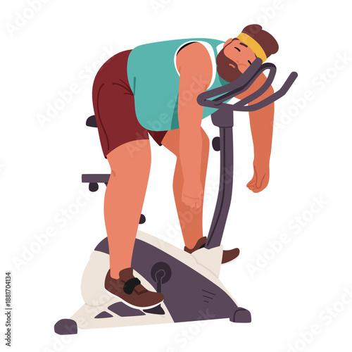 Funny man cartoon character feeling exhausted and falling asleep on stationary bike while training