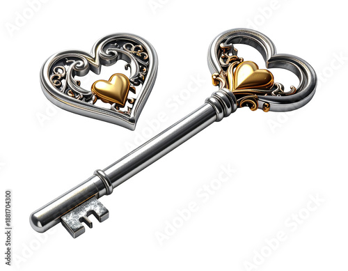 Floating 3D silver key with tiny golden heart engravings,white background