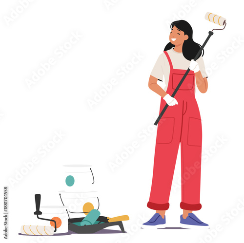 Happy smiling woman cartoon character preparing for home renovation and refreshing living space