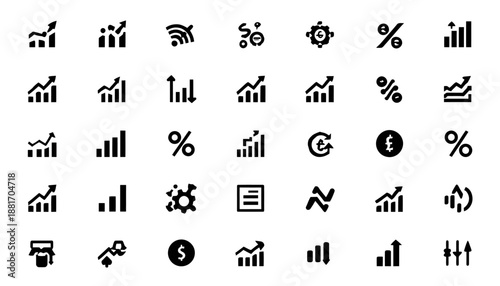 Data and Progress Icon Set: A collection of concise and dynamic icons, each symbolizing key elements of data analysis, growth, and information, presented in a clean and modern design.