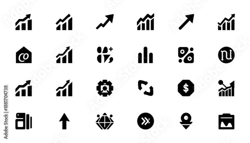 Business Growth Icon Set: A comprehensive collection of sleek, monochrome icons representing various aspects of business growth and success, perfect for illustrating financial trends, progress.