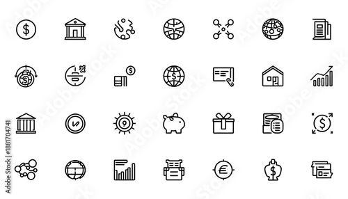 Financial Icon Array: A carefully curated collection of financial icons, offering a concise visual language for economic concepts. Representing bank, global finance, investments, and more.