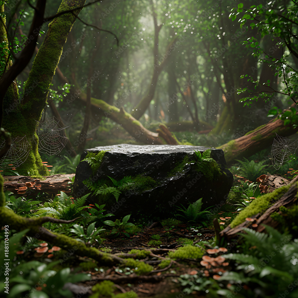 Obraz premium Forest landscape with natural stone podium covered in moss and ferns, illuminated by a gentle spotlight and shimmering particles of light. Wet green environment, ephemeral, natural backdrop