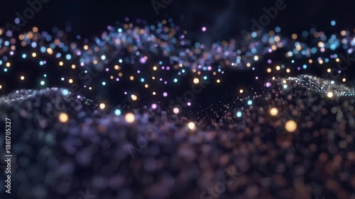 A mesmerizing digital landscape with glowing particles and vibrant lights, creating a futuristic atmosphere, captured in a video from a unique viewpoint