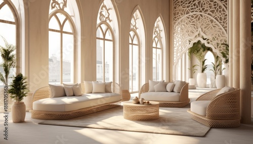 Luxury eastern interior design of modern living room with carved furniture and arched windows