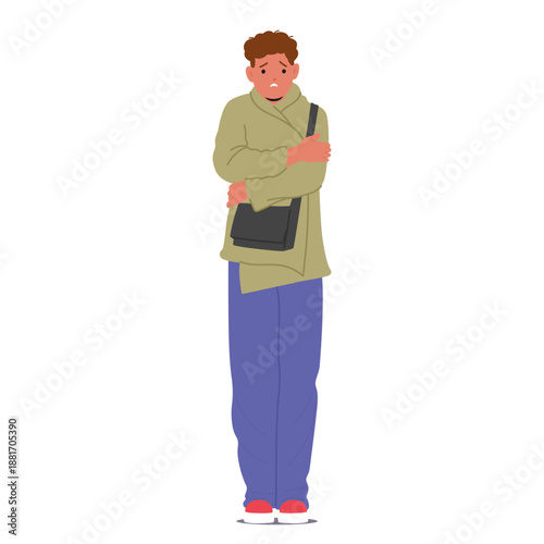 Scared teenage boy trembling body hugging shoulders trying to calm down during panic attack