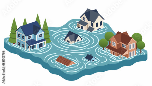 Flooded neighborhood isometric vector illustration showing submerged houses and trees in water, representing disaster and damage