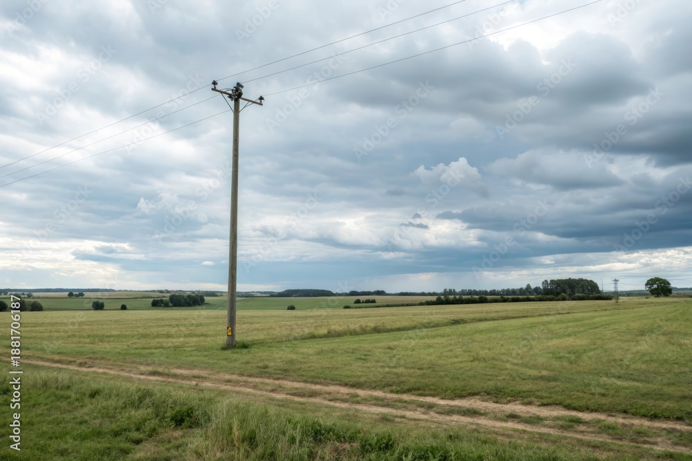 Fototapeta premium Pole supporting electrical wires in a field. Illustration in photorealism style, industry and ecology