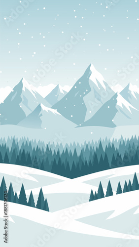 Beautiful Winter Mountain Landscape Vector Illustration with Snowfall and Pine Trees in a Cold, Serene Scene