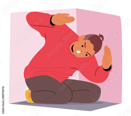 Young man terrified of feeling trapped in small box and suffering from symptoms of claustrophobia