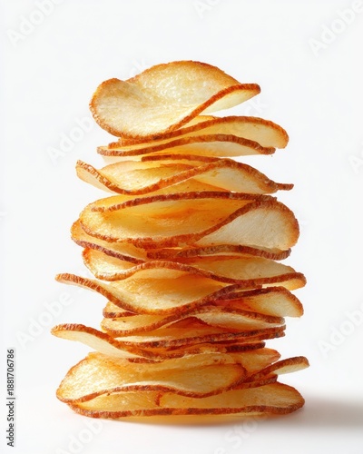 A tall, uneven pile of fried cassava chips sits on a white surface. The chips are golden and slightly browned around the edges and appear crispy