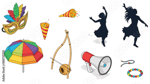 A colorful illustration of various carnival objects and symbols on a