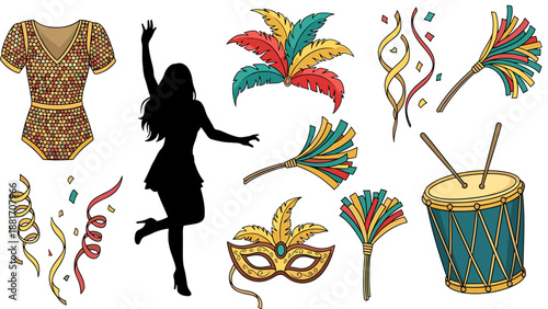 A vibrant illustration of Mardi Gras carnival elements including a dancing woman and colorful masks