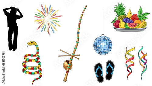 A vibrant illustration of various party icons and symbols on a