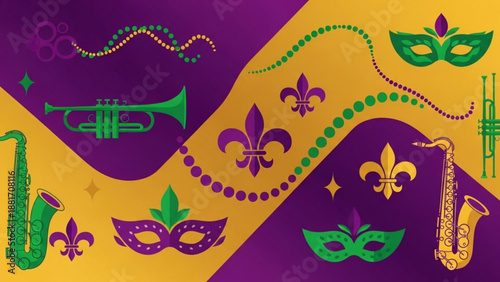 Mardi Gras Carnival Background with Masks and Jazz Instruments