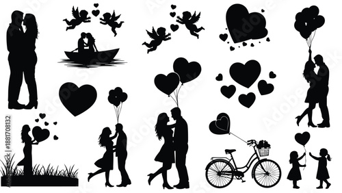 A collection of romantic silhouettes depicts couples hearts and symbols of love and affection high quality