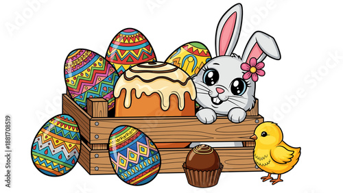 A colorful Easter illustration featuring a bunny, eggs, and a chick in a wooden basket