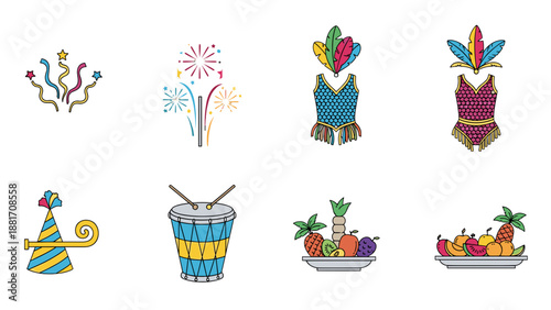 A colorful vector graphic illustration of festive icons and food items for Cinco de Mayo celebration