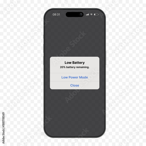 Smartphone Mockup with Low Battery Warning Alert, Mobile Phone Screen UI Showing 20 Percent Battery Notification, Modern Device Interface Isolated on Transparent Background