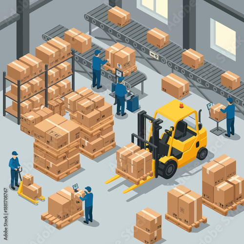 Warehouse Workers Operating Forklift and Boxes.