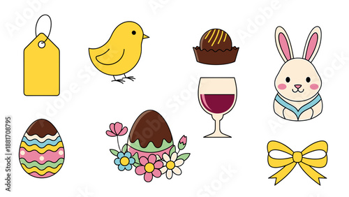 A colorful Easter-themed vector graphic illustration featuring various festive icons and symbols.