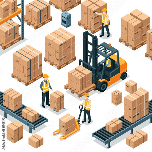 Warehouse Workers Operating Forklift and Conveyors.