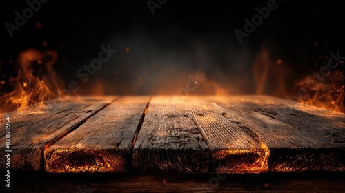 Wallpaper Mural Blank wooden table with fire and smoke concept. Rustic wooden table with flames in a dramatic dark setting. Torontodigital.ca