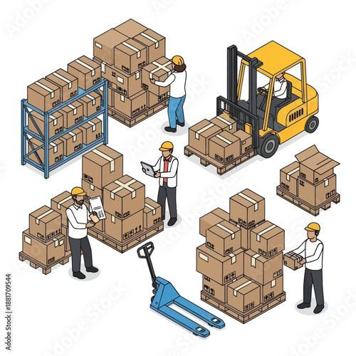 Warehouse Workers Loading Cardboard Boxes on Pallets.