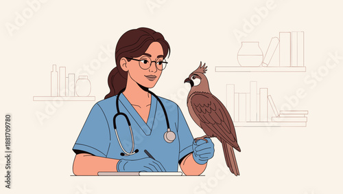 Female veterinarian examining bird in animal clinic illustration
