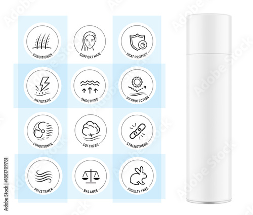 Hairspray aerosol bottle mockup with set icons. Vector illustration isolated on white background. Easy to use for presentation your product, idea, design. EPS10.