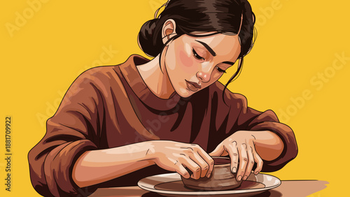 Female potter shaping clay on pottery wheel illustration