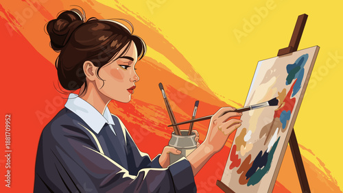 Female artist painting on canvas in creative studio illustration