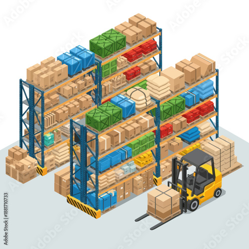 Forklift Loading Boxes on Warehouse Shelves.