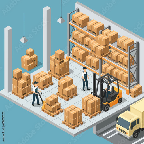 Warehouse Workers Managing Inventory with Forklift.